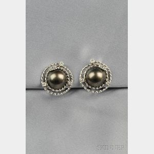 18kt White Gold, Black Mabe Pearl, and Diamond Earclips, Piccini