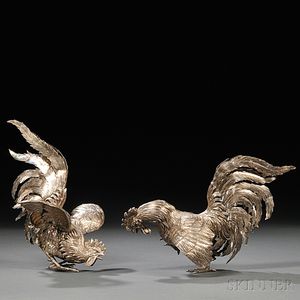 Pair of Hanau Sterling Silver Roosters