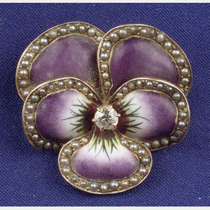 Art Nouveau 14kt Gold, Enamel, Diamond and Seed Pearl Pendant/Brooch