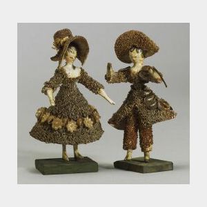 Pair of Small Early Grodnertal Shell Dolls