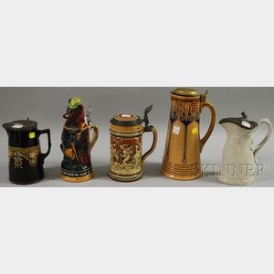 Mettlach Stein with Four Other Steins and Lidded Jugs