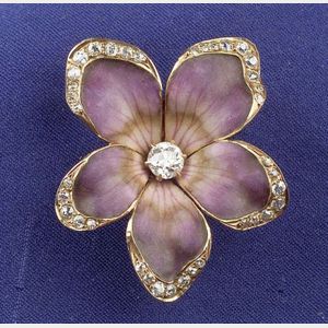 Art Nouveau 14kt Gold, Enamel and Diamond Pansy Pendant/Brooch