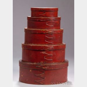 Five Graduated Red-painted Shaker Oval Boxes