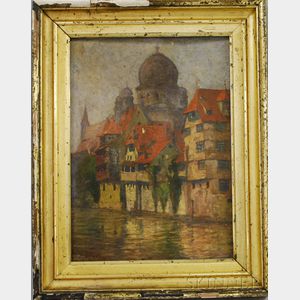 Wilhelm Reuter (German, 1859-1937) Häuserpartie an der Pegnitz/A View of Nürnberg Lot Houses on the Pegnitz River with a View of a S...