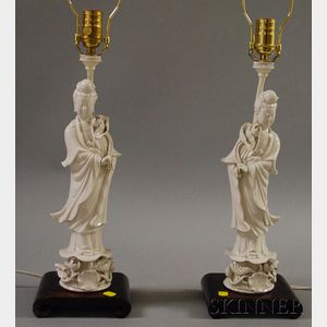 Pair of Blanc-de-chine Guan Yin Figures/Table Lamps