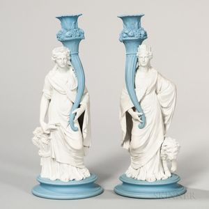 Pair of Wedgwood Jasper Figural Candlesticks