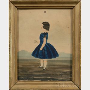 American School, 19th Century Portrait of a Little Girl Wearing a Blue Dress in a Landscape.