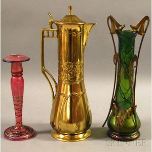 WMF Jugendstil Brass Flagon, a Loetz-type Gilt-metal Mounted Iridescent Green Art Glass Vase, and a Iridescent Art Glass Candlestick wi