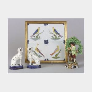 Three Staffordshire Pearlware Figures and Four Framed Tiles