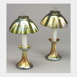 Pair of Tiffany Gold Favrile Candlestick Lamps