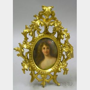 Giltwood Framed Miniature Hand-painted Portrait of a Young Woman on Porcelain