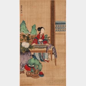 Hanging Scroll Depicting a Girl Playing a Chinese Dulcimer