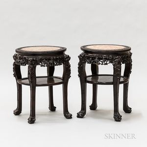 Pair of Chinese Carved Hardwood Marble-top Side Tables