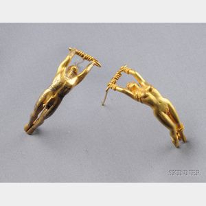 Pair of 18kt Gold and Enamel Acrobat Brooches