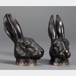 Pair of Wedgwood and Bentley Black Basalt Hare Head Stirrup Cups