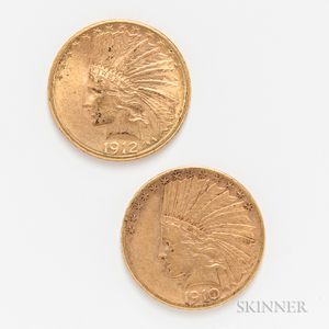 1910-S and 1912-S $10 Indian Head Gold Coins. 