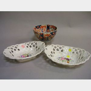 Pair of Paris Porcelain Hand-painted Floral Decorated Reticulated Baskets and an Imari Bowl.