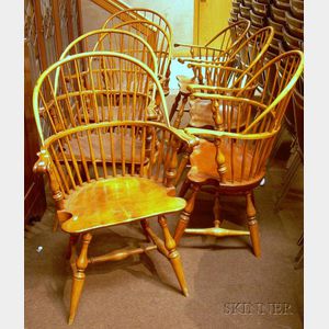 Set of Seven Windsor-style Maple and Pine Sack-back Knuckle Armchairs.