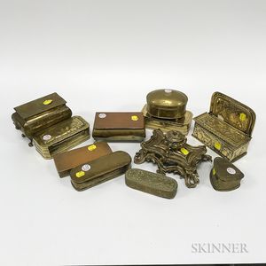 Ten English and Dutch Brass Tobacco Boxes, Containers, and an Inkwell. 