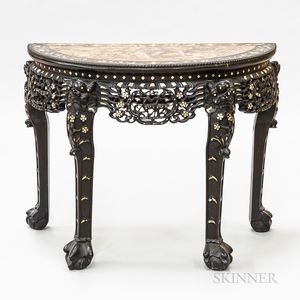 Carved and Mother-of-pearl-inlaid Hardwood Marble-top Console Table