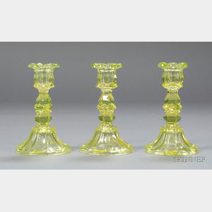 Three Canary Yellow Petal and Loop Glass Candlesticks