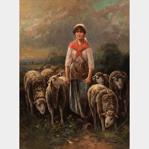 Edouard Sanchez (French, 19th/20th Century) Shepherdess with Flock