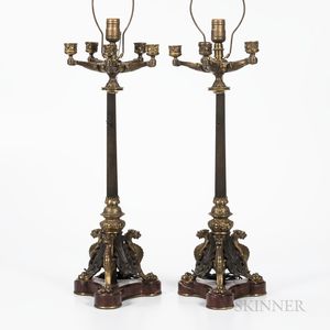 Pair of Gilded and Patinated Bronze Five-arm Table Lamps