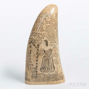 Scrimshaw Whale's Tooth Decorated with a Lady with a Harp