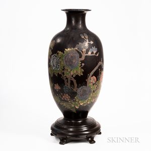 Large Painted Black Lacquer Vase