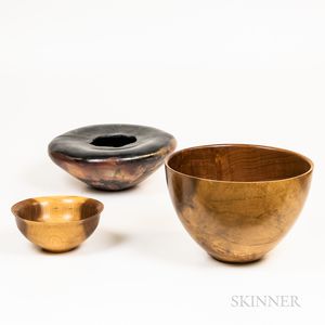 Two Contemporary Wood Bowls and a Pottery Bowl