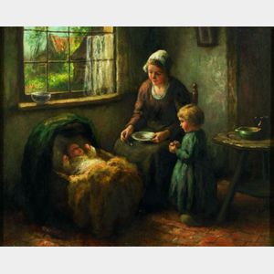 Cornelis Wouter Bouter (Dutch, 1888-1966) Kitchen Scene with a Mother and Her Children