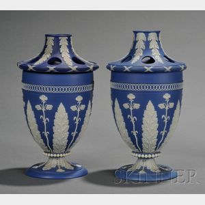 Pair of Adams Solid Dark Blue Jasper Potpourri Vases and Covers
