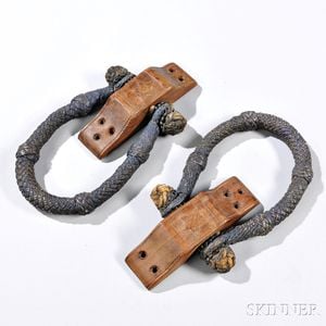 Pair of Carved Mahogany and Painted Ropework Becket Handles