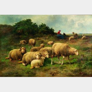 Cornelis van Leemputten (Belgian, 1841-1902) Sheep and Shepherdess