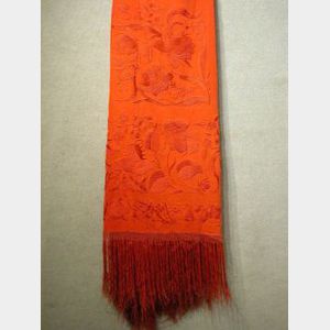 Chinese Embroidered Red Silk Shawl.