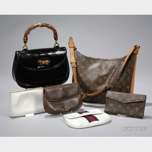 Louis Vuitton Monogram Handbag and Wallet and a Gucci Black Patent Leather Bamboo Handled Handbag, a Brown Leat...