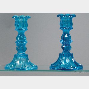 Pair of Sapphire Blue Petal and Loop Glass Candlesticks