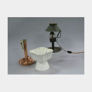 Tole Table Lamp, Copper Push-up Candlestick and a Pottery Pudding Mold.