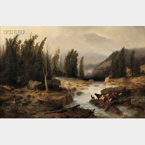 Richard Zimmermann (German, 1820-1875) The Old Bridge/A Mountain Torrent Scene with Livestock