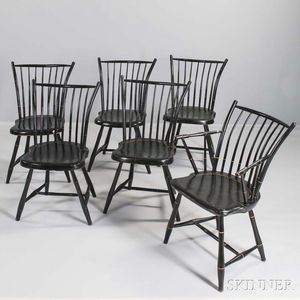 Set of Six Black-painted Rod-back Windsor Chairs