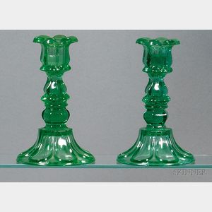 Pair of Light Emerald Green Petal and Loop Glass Candlesticks
