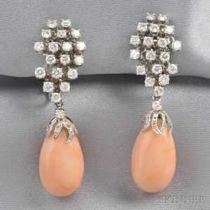 14kt White Gold, Coral, and Diamond Earpendants