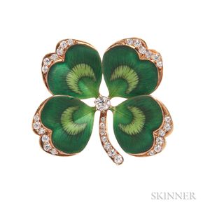 Antique 14kt Gold, Enamel, and Diamond Four-leaf Clover Pin