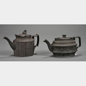 Two Staffordshire Black Basalt Teapots and Covers