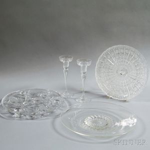 Three Colorless Glass Dishes and a Pair of Candlesticks