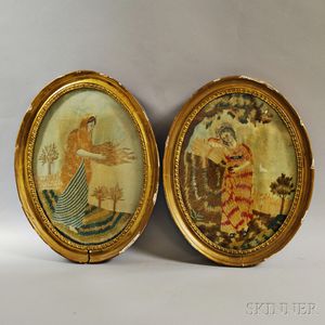Two Framed Silk and Watercolor Figural Needlework Pictures and Three English Ceramic Items