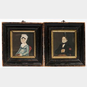 British School, 19th Century Pair of Miniature Portraits of a Man and Woman