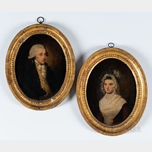 Anglo/American School, Late 18th Century Pair of Framed Oval Portraits of a Man and Woman