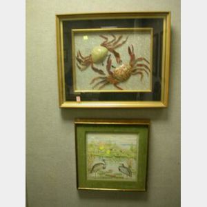 Framed Handpainted Ceramic Panel Depicting Cranes and Ducks and a Framed Assemblage Depicting Crabs.