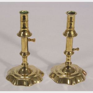 Pair of Brass Queen Anne Push-Up Candlesticks